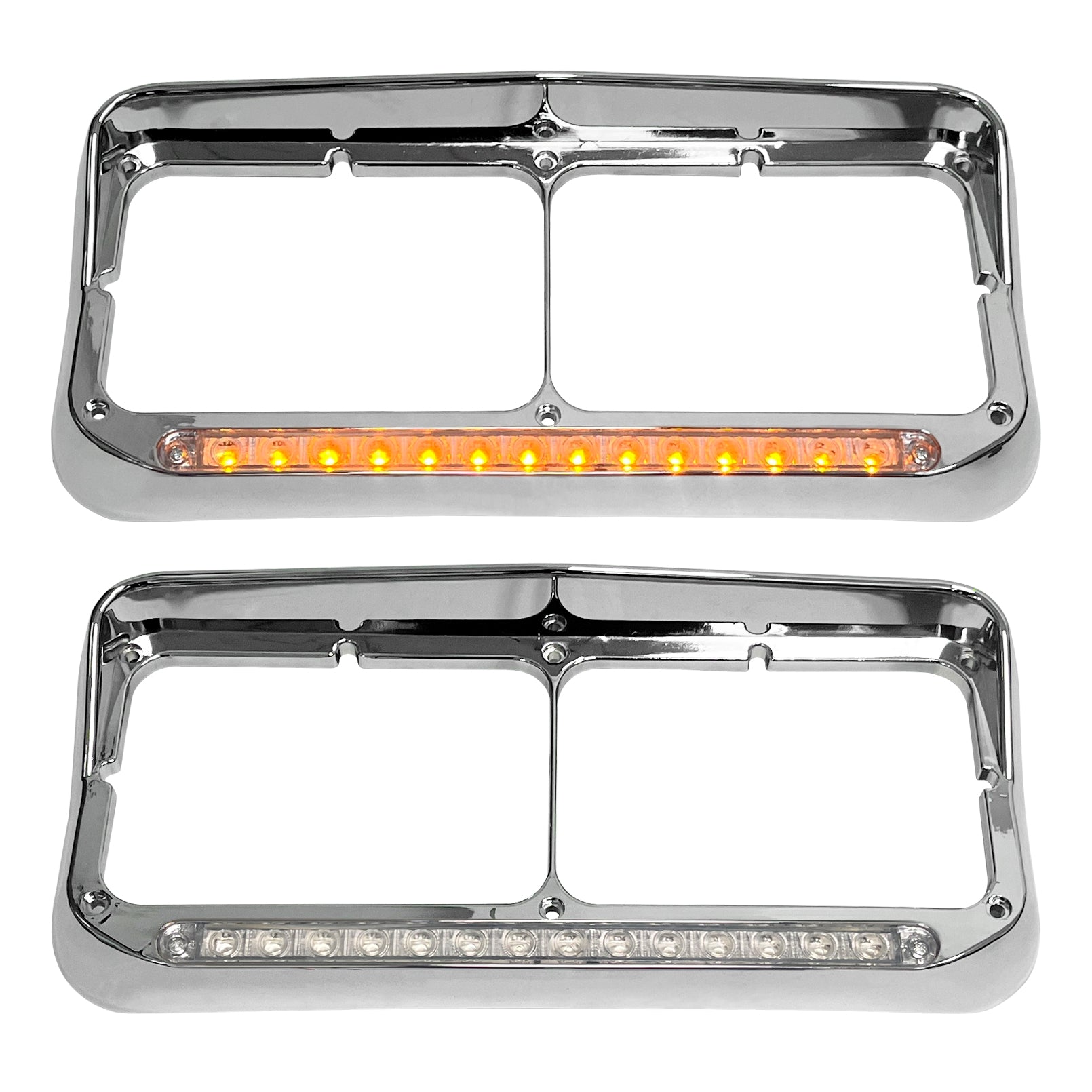 Headlight Bezels Chrome w/Visor 12" LED Light Strip Replacement for 4x6 Lights Kenworth T400 T600 T800 W900B W900L Peterbilt 378 379 Western Star 4900 Freightliner, White Light