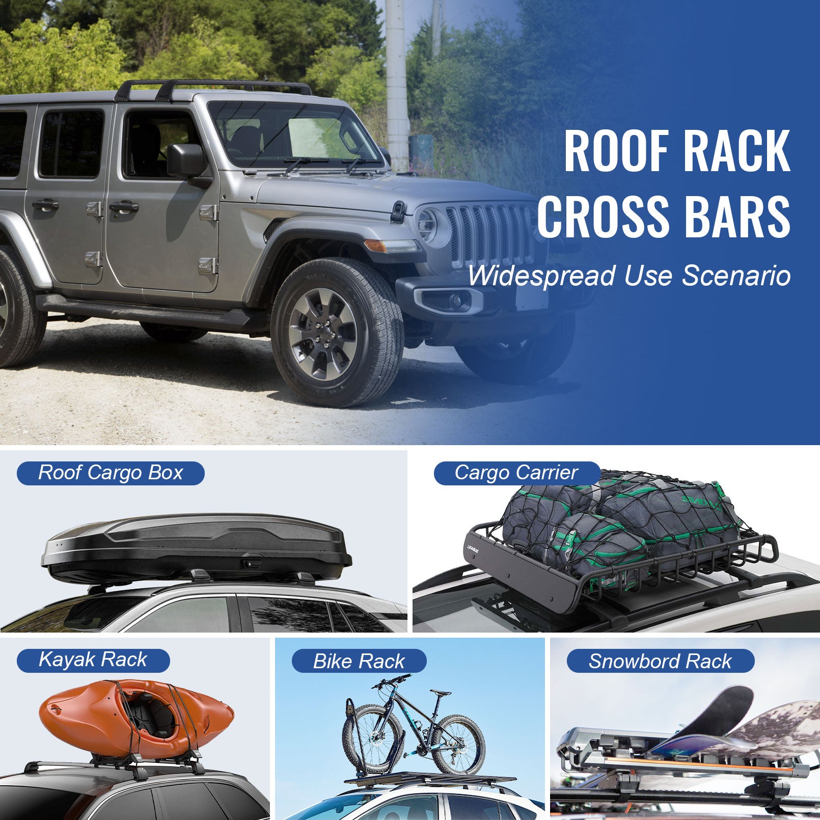 Roof Rack Cross Bars Fit for 2007-2024 Jeep Wrangler JK JL Gladiator JT(4 Doors Hard Top), Aluminum Jeep Roof Rack for Kayak Cargo Carriers Luggage, Easy to Install and Less Noise
