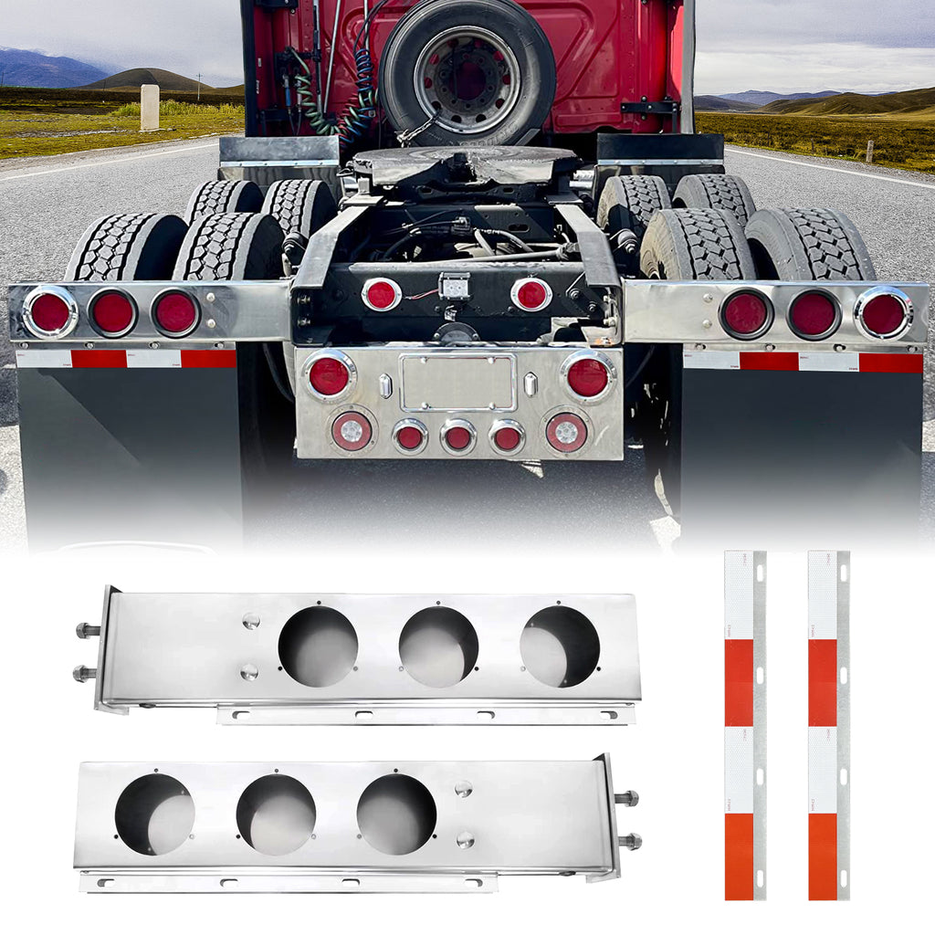 30" Stainless Steel Mud Flap Hanger Set for Semi Trucks, Spring Loaded Mud Flap Light Bar with 2.5" Bolt Space 4" Light Cutouts, Straight Style Tail Light Box