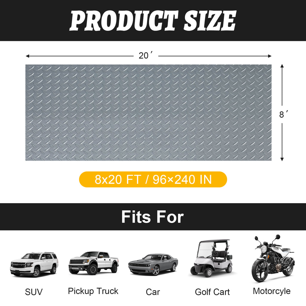 Grandroad auto 8x20 FT Garage Floor Mat, 2.8mm Thickened Flooring Roll for Under Car Diamond Plate PVC Rubber Mat with 20 Pcs Tapes, Non-Slip Floor Mat for Garage, Warehouse, Gyms, Trailer, Gray