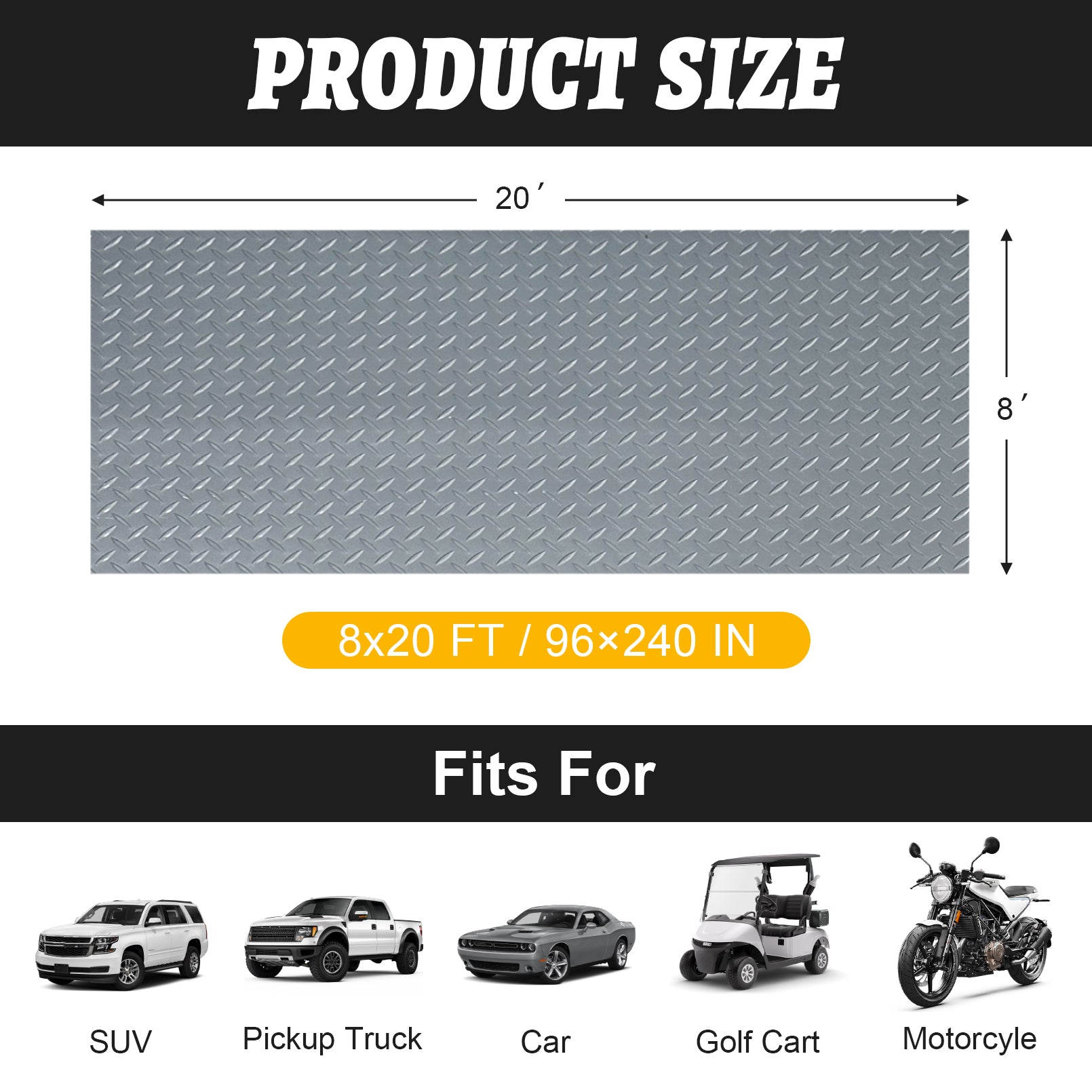 Grandroad auto 8x20 FT Garage Floor Mat, 2.8mm Thickened Flooring Roll for Under Car Diamond Plate PVC Rubber Mat with 20 Pcs Tapes, Non-Slip Floor Mat for Garage, Warehouse, Gyms, Trailer, Gray