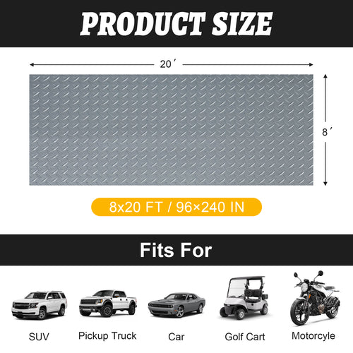 Grandroad auto 8x20 FT Garage Floor Mat, 2.8mm Thickened Flooring Roll for Under Car Diamond Plate PVC Rubber Mat with 20 Pcs Tapes, Non-Slip Floor Mat for Garage, Warehouse, Gyms, Trailer, Gray