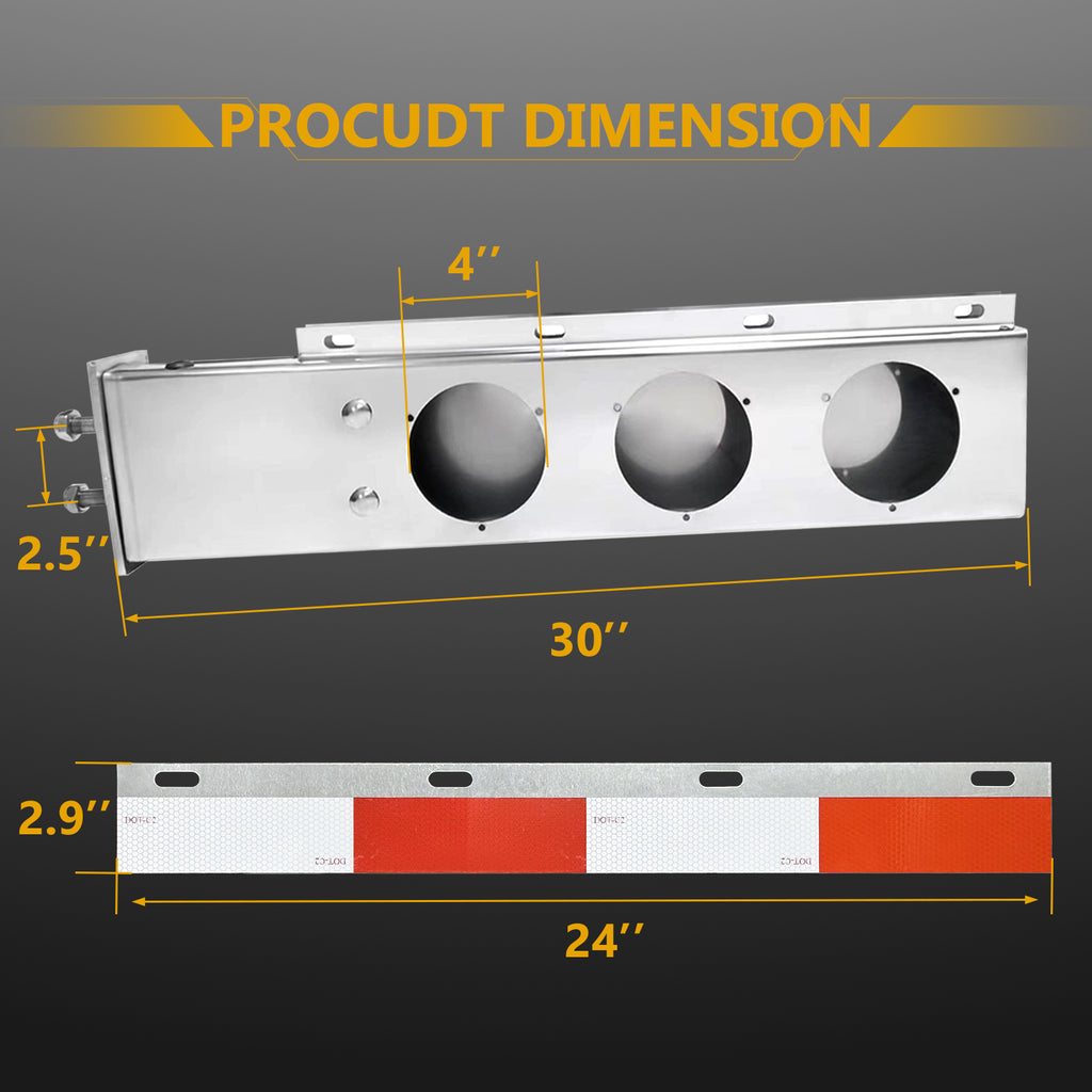 30" Stainless Steel Mud Flap Hanger Set for Semi Trucks, Spring Loaded Mud Flap Light Bar with 2.5" Bolt Space 4" Light Cutouts, Straight Style Tail Light Box