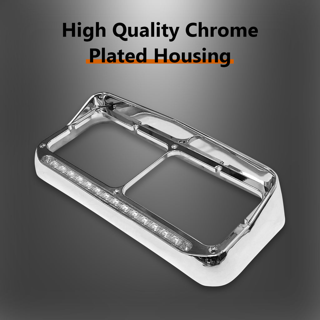 Headlight Bezels Chrome w/Visor 12" LED Light Strip Replacement for 4x6 Lights Kenworth T400 T600 T800 W900B W900L Peterbilt 378 379 Western Star 4900 Freightliner, White Light