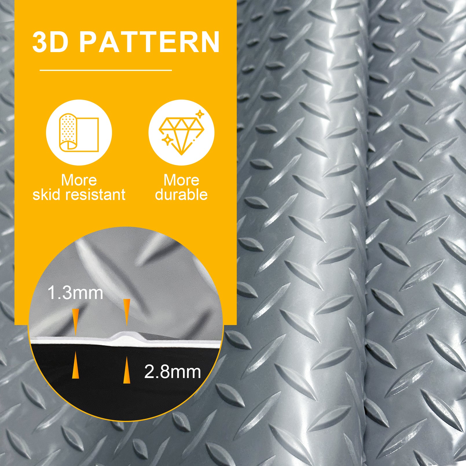 Grandroad auto 8x20 FT Garage Floor Mat, 2.8mm Thickened Flooring Roll for Under Car Diamond Plate PVC Rubber Mat with 20 Pcs Tapes, Non-Slip Floor Mat for Garage, Warehouse, Gyms, Trailer, Gray