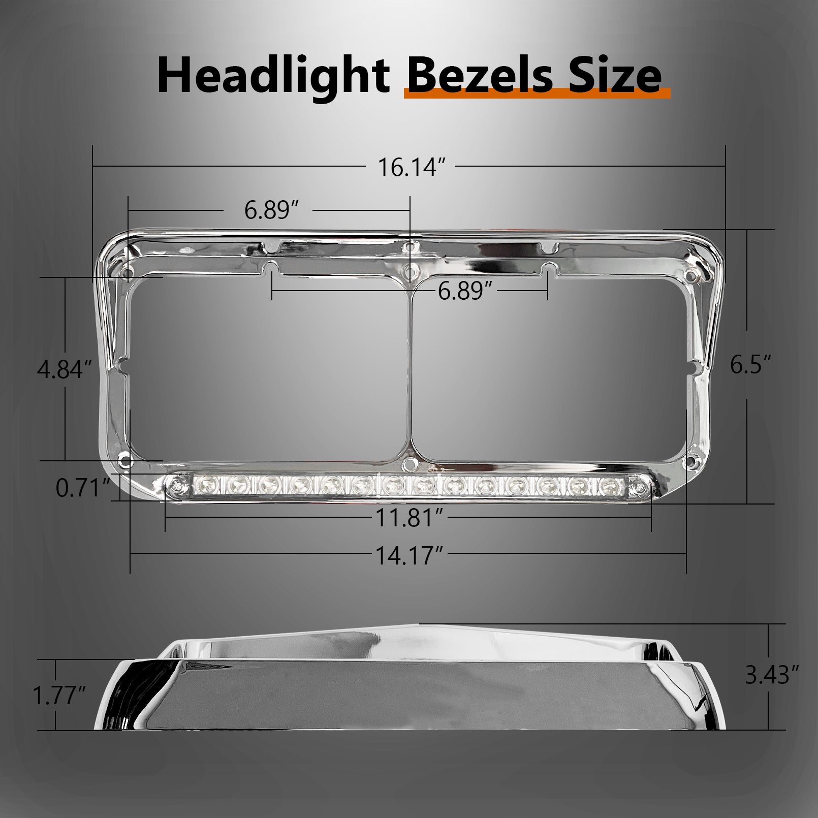 Headlight Bezels Chrome w/Visor 12" LED Light Strip Replacement for 4x6 Lights Kenworth T400 T600 T800 W900B W900L Peterbilt 378 379 Western Star 4900 Freightliner, White Light