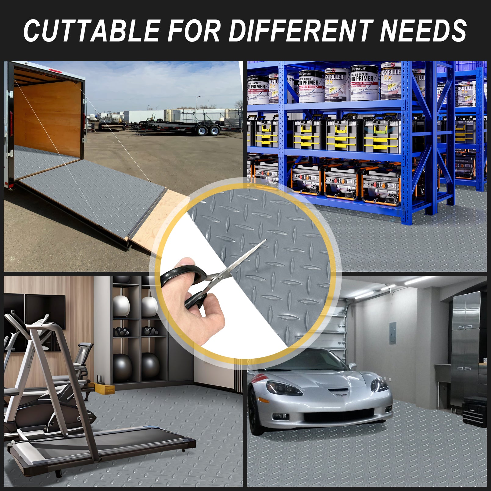 Grandroad auto 8x20 FT Garage Floor Mat, 2.8mm Thickened Flooring Roll for Under Car Diamond Plate PVC Rubber Mat with 20 Pcs Tapes, Non-Slip Floor Mat for Garage, Warehouse, Gyms, Trailer, Gray