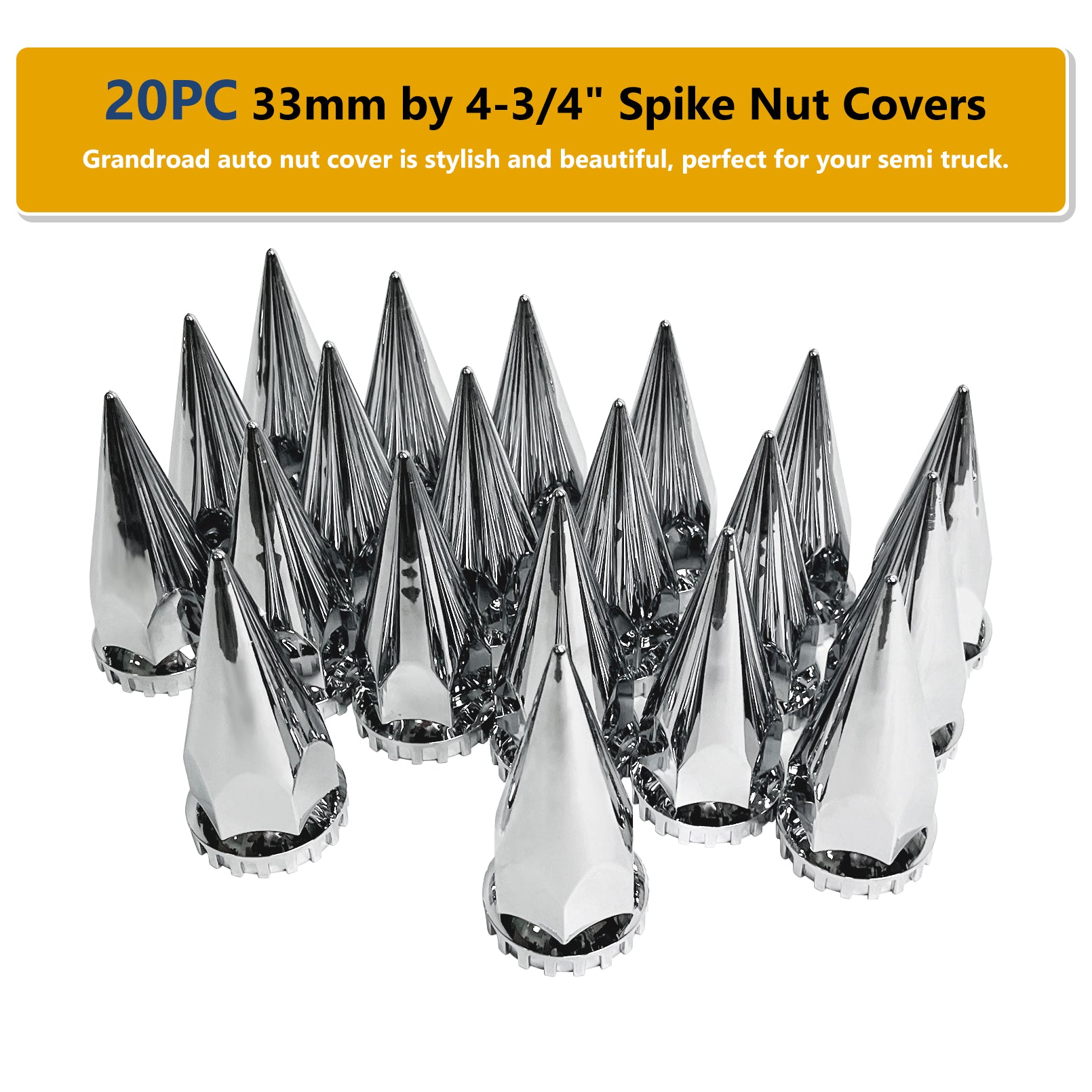 20 Pack Spike Lug Nut Covers, 33mm by 4-3/4" Thread On Chrome Spike Nut Cover Caps ABS Plastic Anti-Rust Screw-on Lug Nut Covers for Semi Trucks