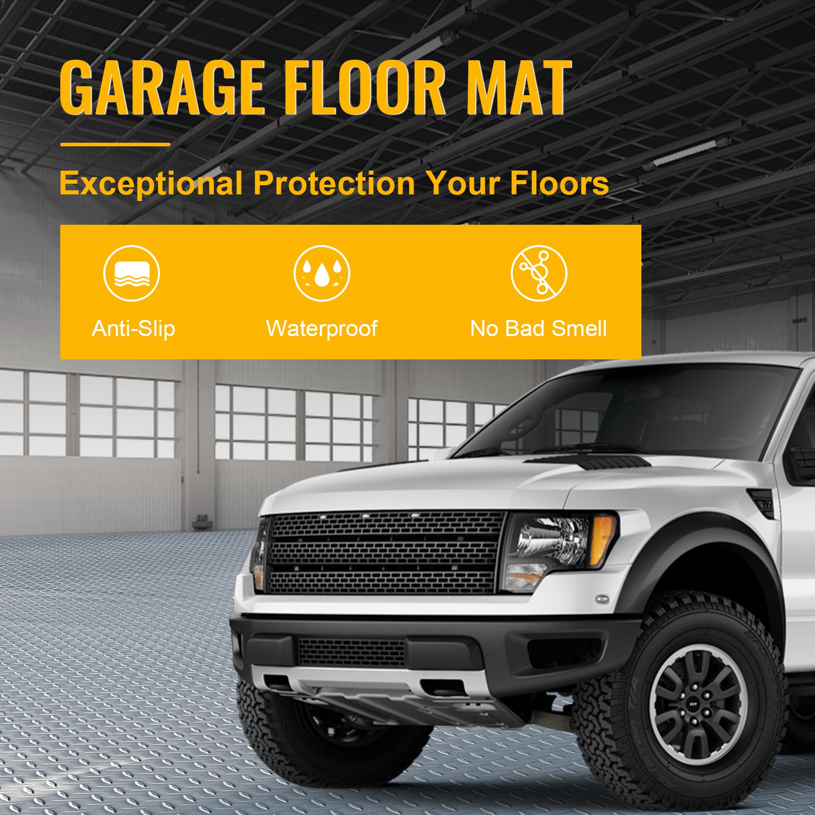 Grandroad auto 8x20 FT Garage Floor Mat, 2.8mm Thickened Flooring Roll for Under Car Diamond Plate PVC Rubber Mat with 20 Pcs Tapes, Non-Slip Floor Mat for Garage, Warehouse, Gyms, Trailer, Gray