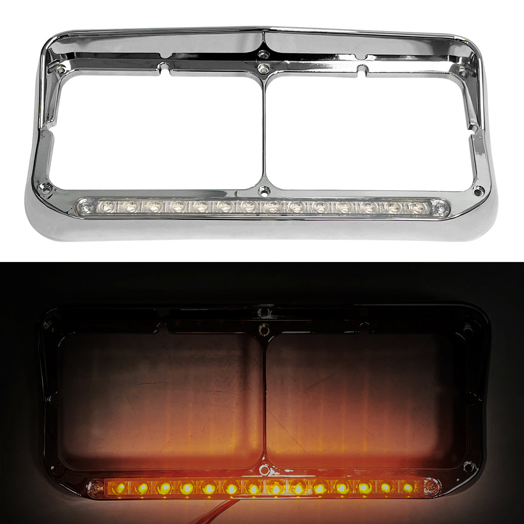 Headlight Bezels Chrome w/Visor 12" LED Light Strip Replacement for 4x6 Lights Kenworth T400 T600 T800 W900B W900L Peterbilt 378 379 Western Star 4900 Freightliner, White Light