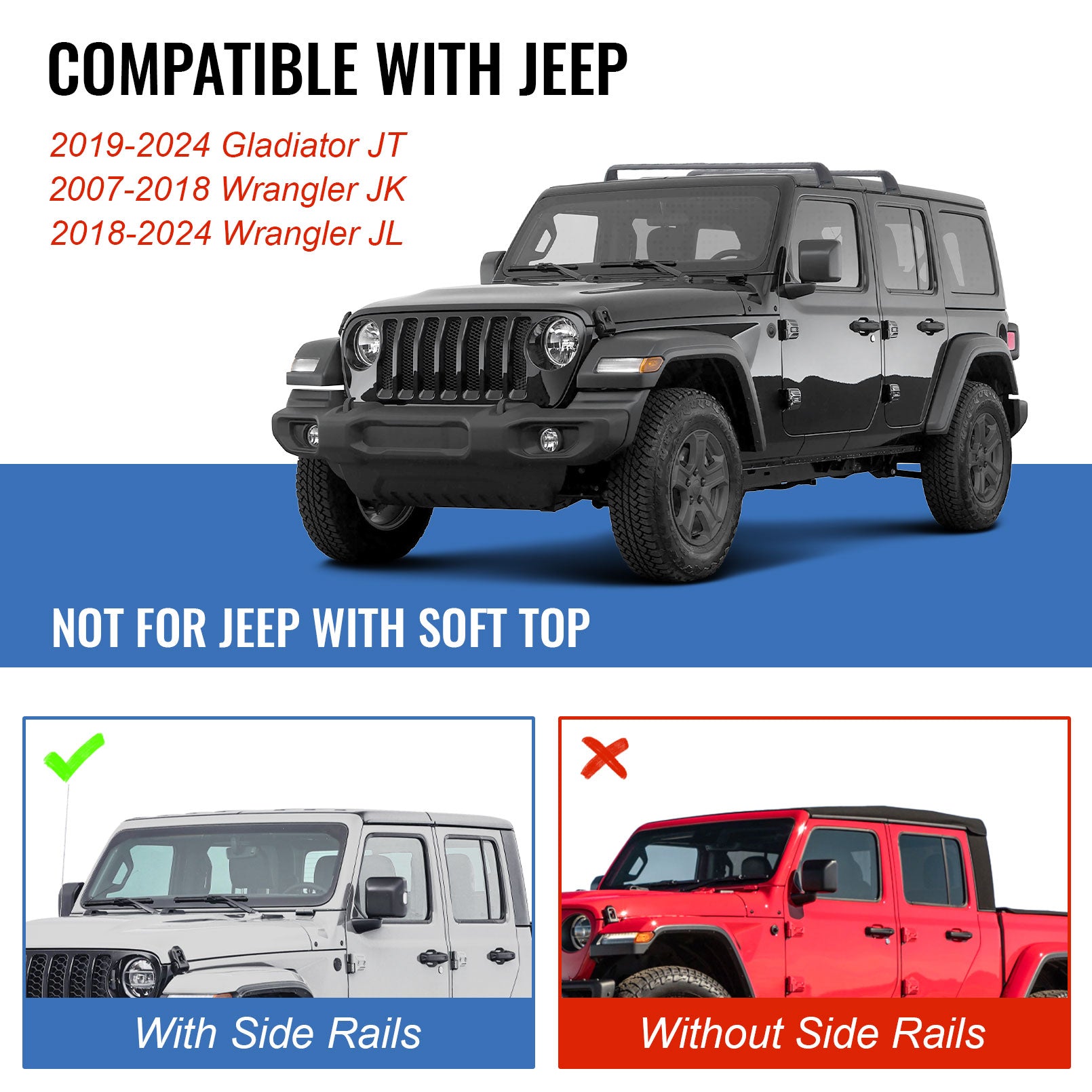 Roof Rack Cross Bars Fit for 2007-2024 Jeep Wrangler JK JL Gladiator JT(4 Doors Hard Top), Aluminum Jeep Roof Rack for Kayak Cargo Carriers Luggage, Easy to Install and Less Noise