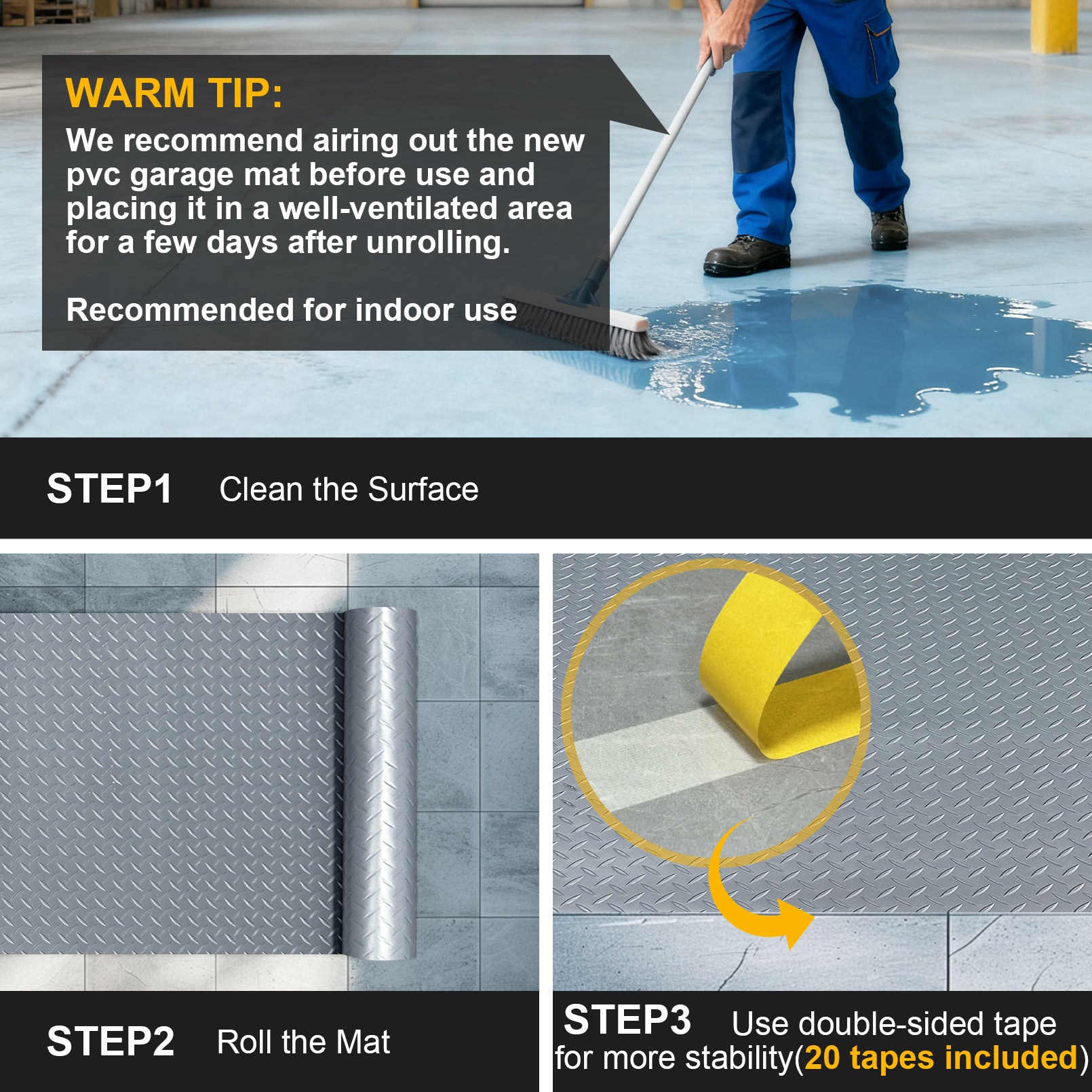 Grandroad auto 8x20 FT Garage Floor Mat, 2.8mm Thickened Flooring Roll for Under Car Diamond Plate PVC Rubber Mat with 20 Pcs Tapes, Non-Slip Floor Mat for Garage, Warehouse, Gyms, Trailer, Gray