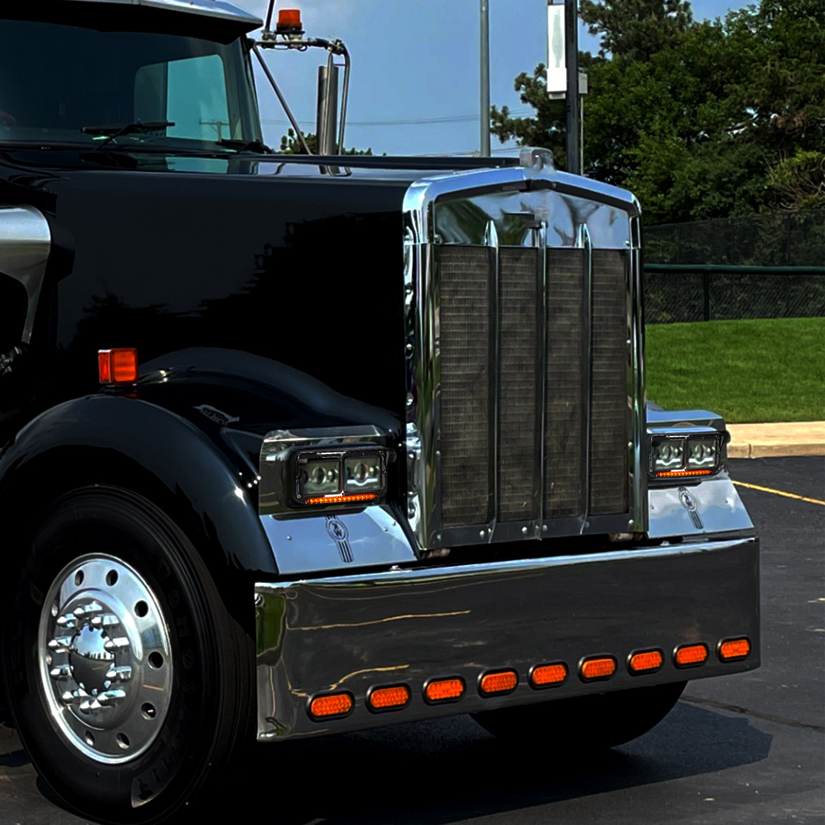 Headlight Bezels Chrome w/Visor 12" LED Light Strip Replacement for 4x6 Lights Kenworth T400 T600 T800 W900B W900L Peterbilt 378 379 Western Star 4900 Freightliner, White Light