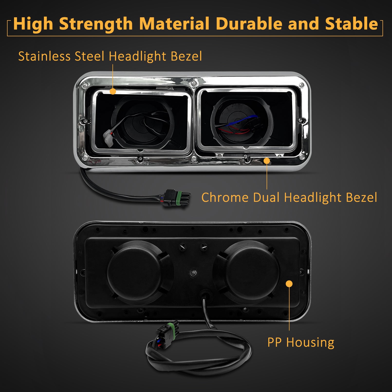 Headlight Housing Base with Chrome Dual Headlight Bezel Fit For Kenworth T400 T600 T800 W900 K100 C500, Peterbilt 378 379, Western Star 4900, Freightliner FLD Classic XL